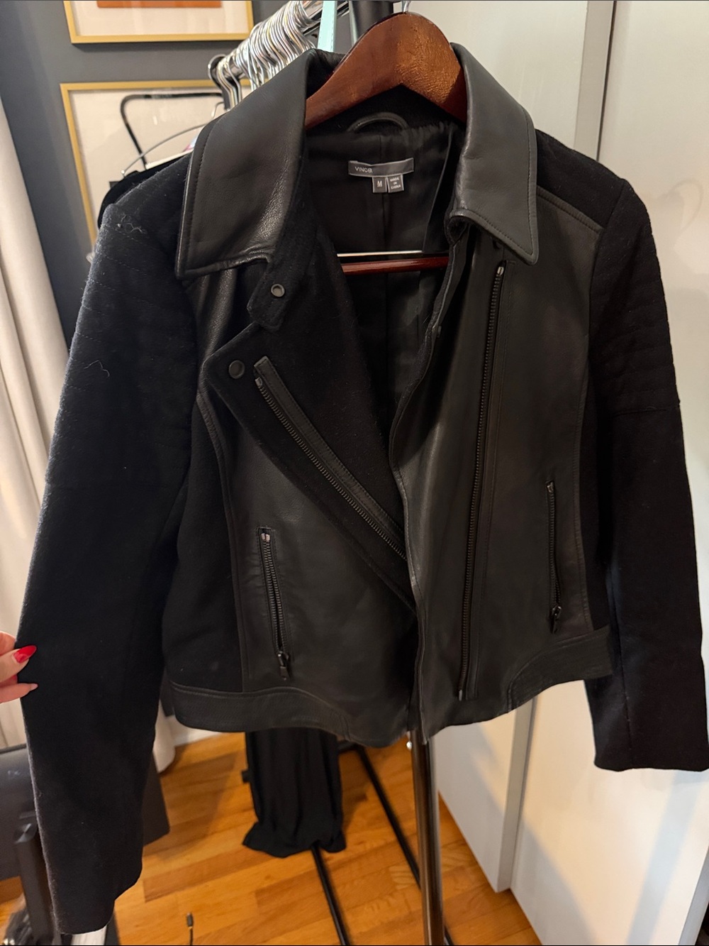 Vince Black Leather Mixed-Material Biker Jacket
